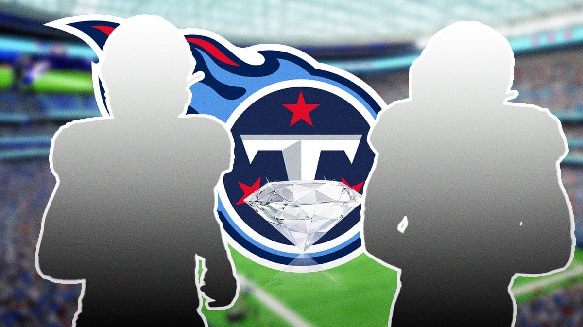 Titans logo background, shiny diamond in the middle with silhouette of Kyle Philips on one side and silhouette of Hassan Haskins on the other.