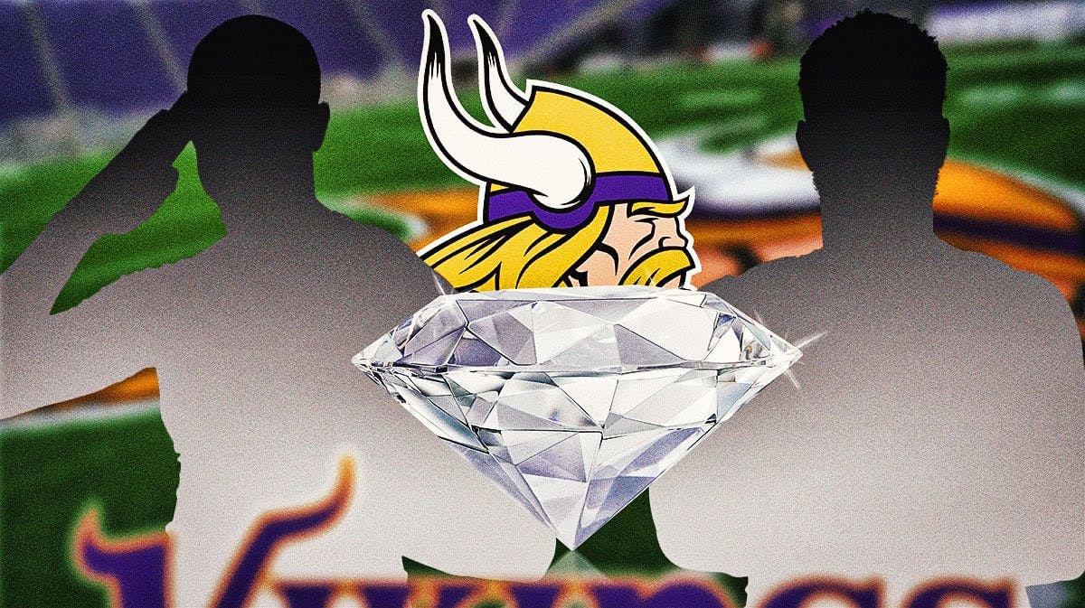 Vikings logo background, shiny diamond in the middle with silhouette of Andre Carter II on one side and silhouette of Ty James on the other.
