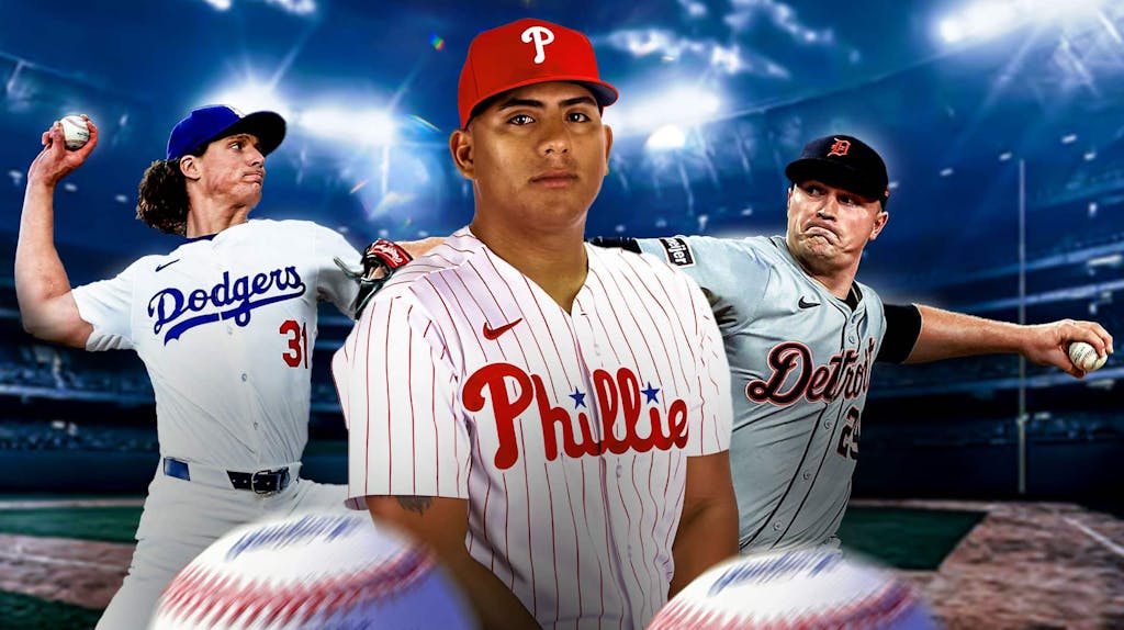 Phillies' Ranger Suarez in front looking serious. Tigers' Tarik Skubal, Dodgers' Tyler Glasnow in background pitching baseballs.