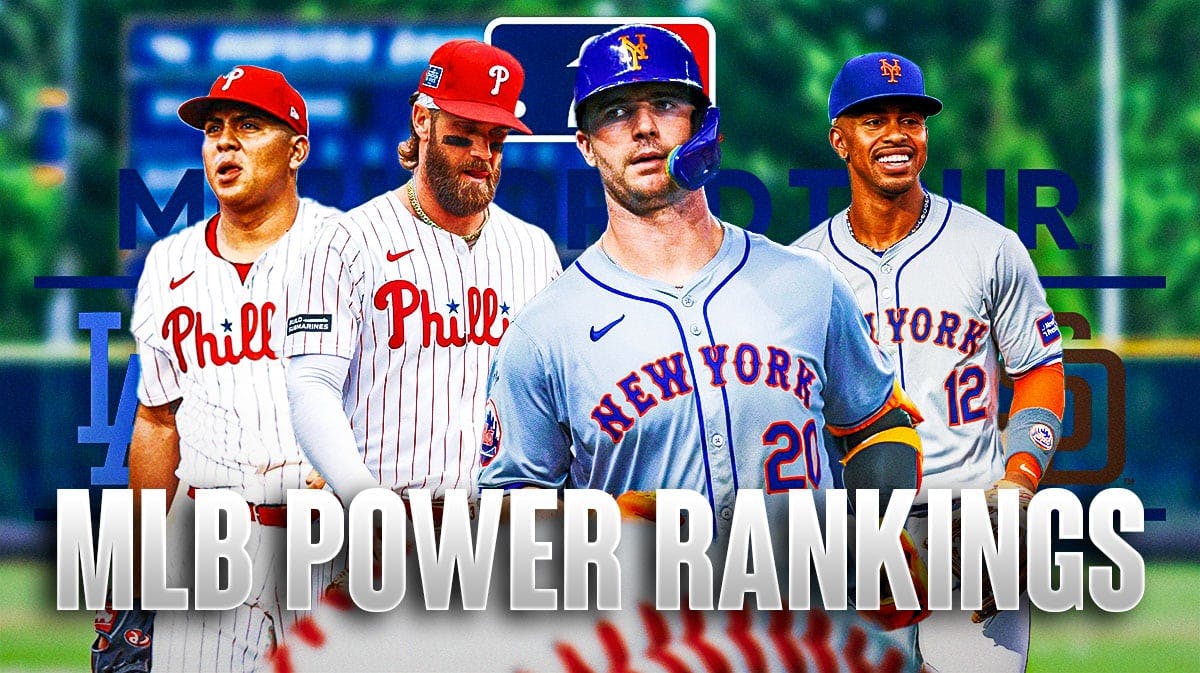 Bryce Harper and Ranger Suarez on one side, Francisco Lindor and Pete Alonso on other side, MLB London series logo, baseball field in background, text: MLB Power Rankings