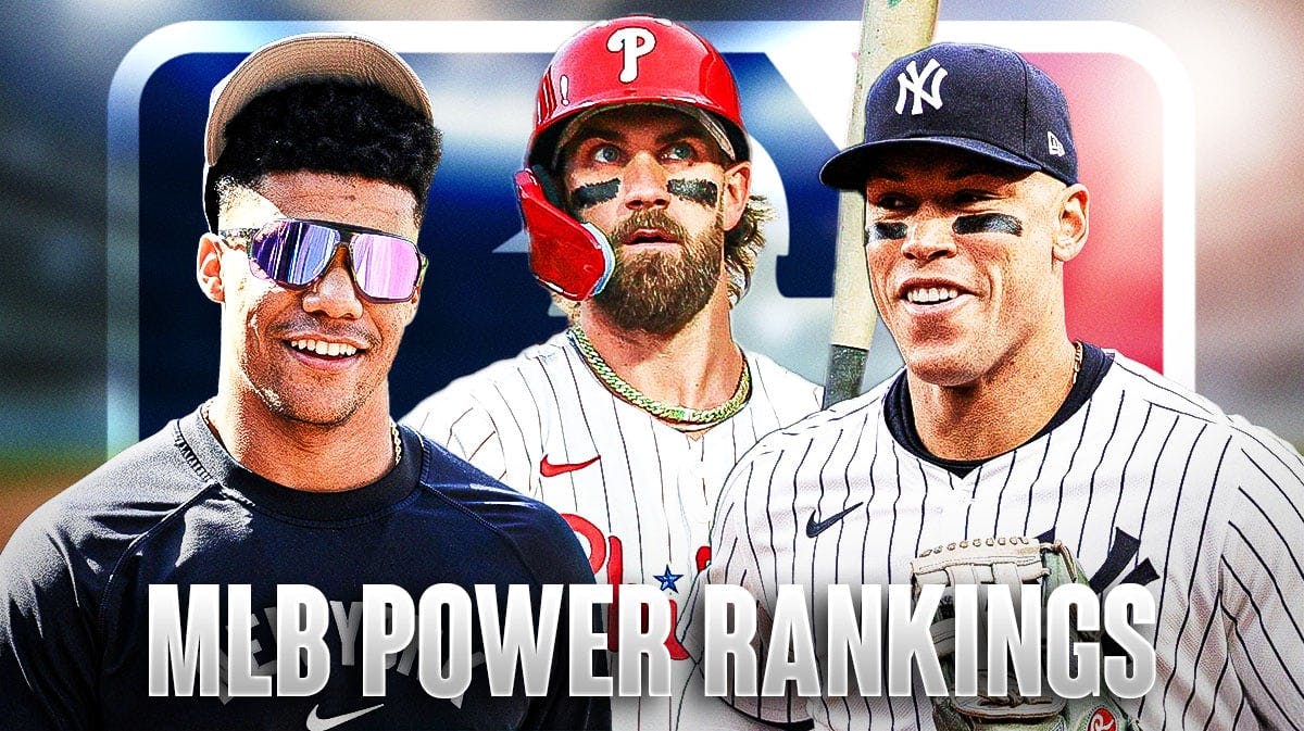 Juan Soto and Aaron Judge on either side looking happy, Bryce Harper in middle, MLB logo, baseball field in background, text: MLB Power Rankings