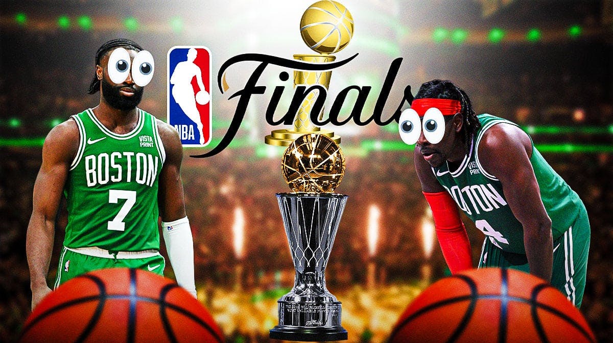 Celtics' Jaylen Brown and Jrue Holiday starring at NBA Finals MVP trophy