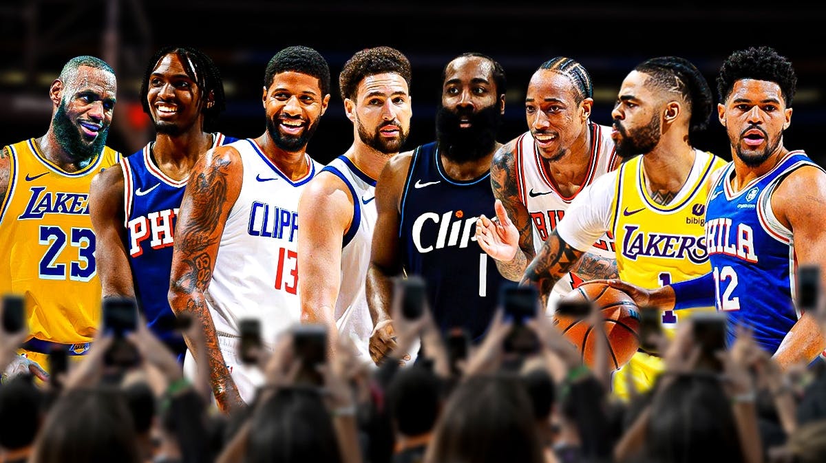 LeBron James, Tyrese Maxey, Paul George, Klay Thompson, James Harden, DeMar DeRozan, D'Angelo Russell, Tobias Harris all together. NBA logo in background