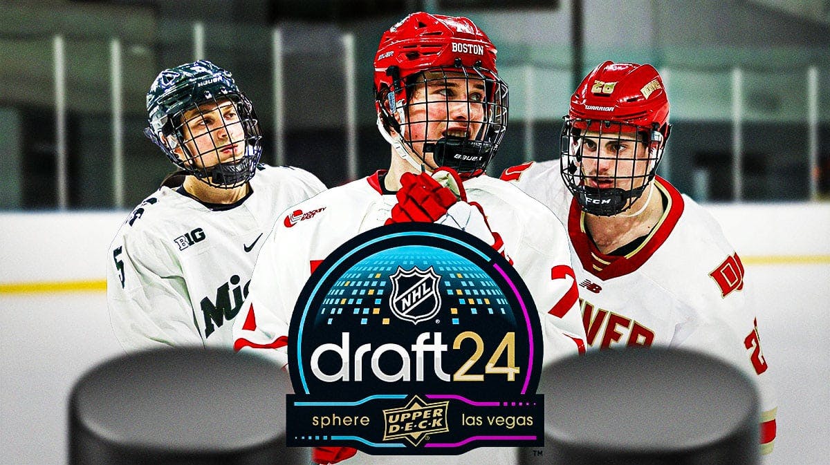 Zeev Buium (Denver), Macklin Celebrini (Boston University), Artyom Levshuno (Michigan State) all together. 2024 NHL Draft logo in front.