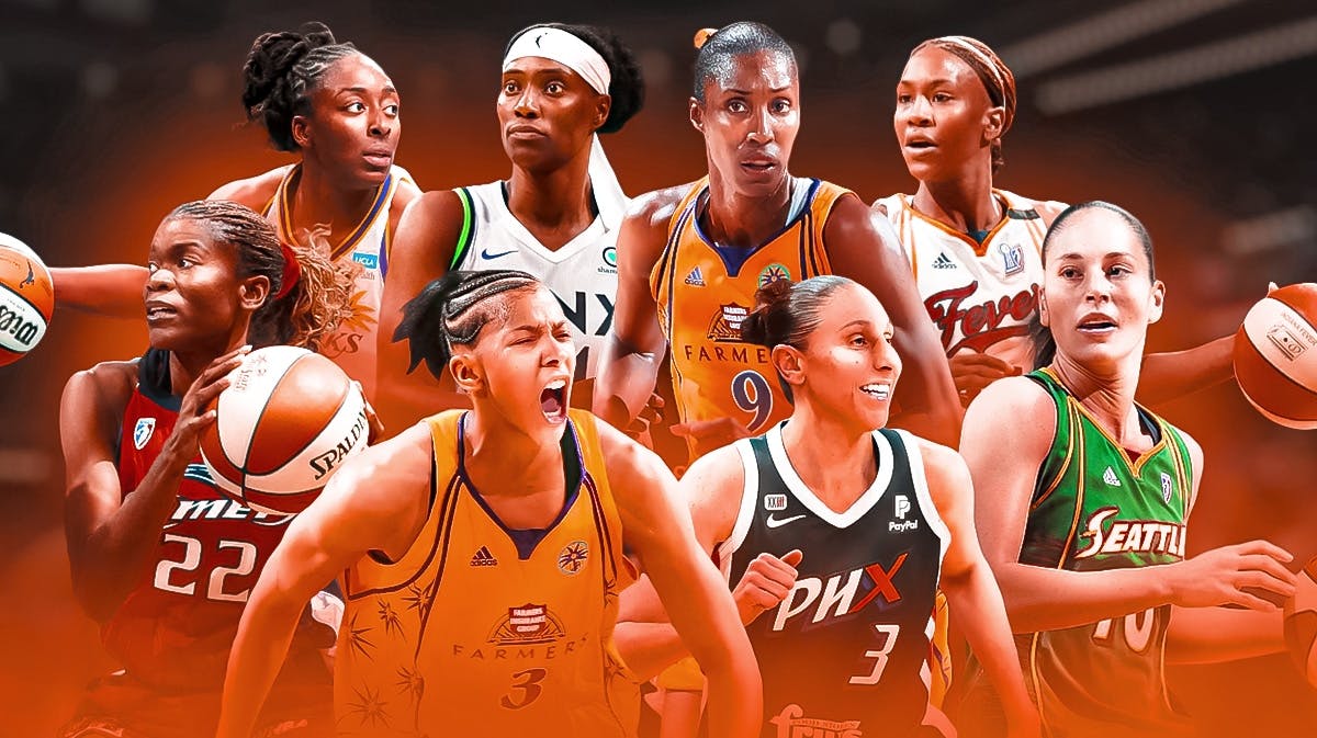 Candace Parker, Diana Taurasi, Sheryl Swoopes, Sue Bird, Nneka Ogwumike, Lisa Leslie, Tamika Catchings, Sylvia Fowles all together. WNBA logo in front
