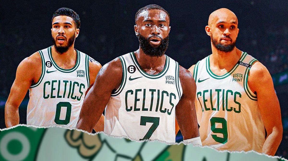 Celtics Jayson Tatum, Jaylen Brown, and Derrick White all looking hyped on an NBA Finals or generic Celtics background