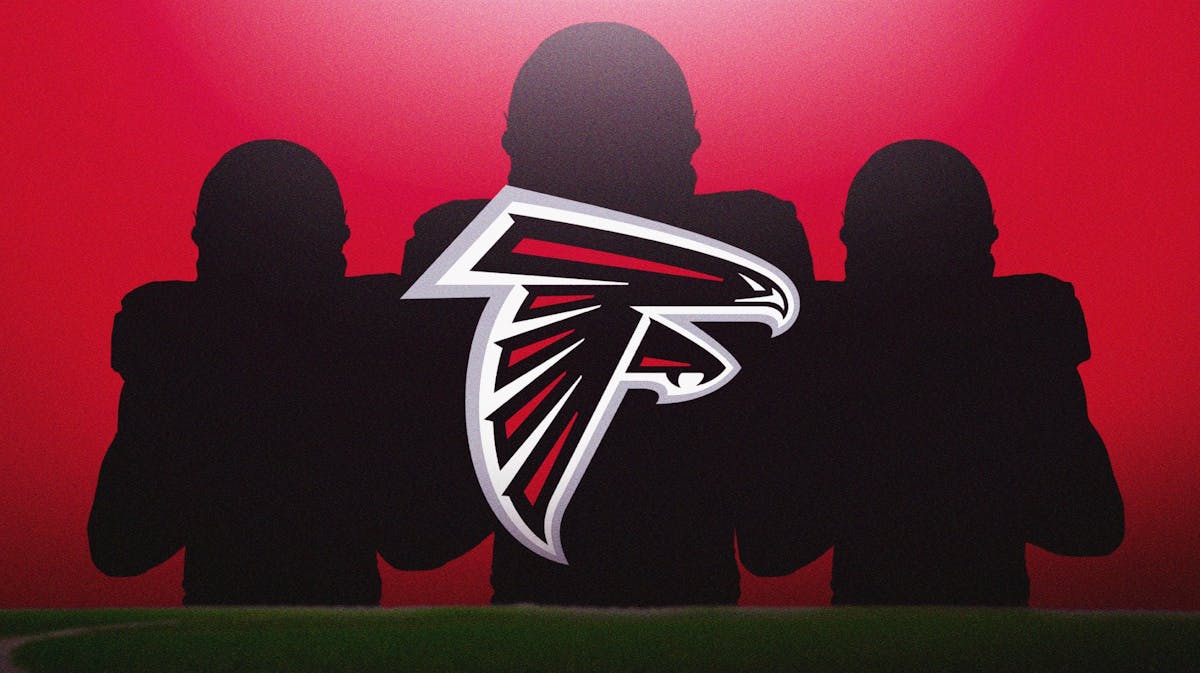 Falcons logo with three unknown player silhouettes.