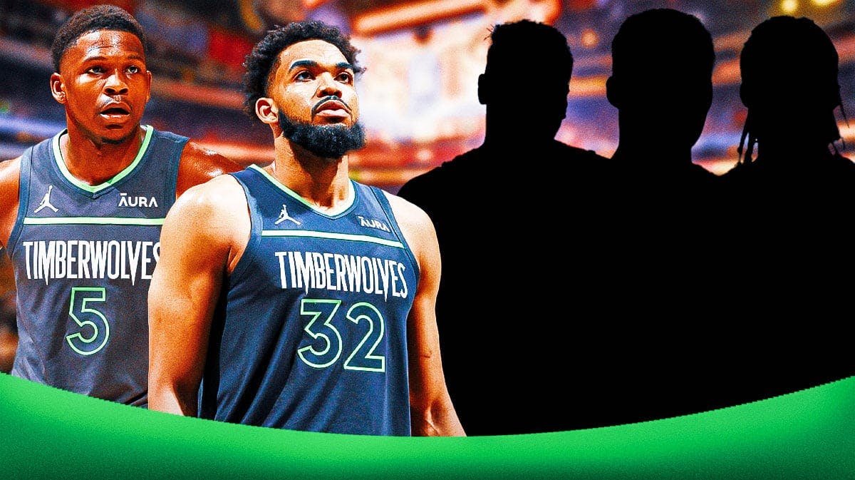 Anthony Edwards and Karl-Anthony Towns on one side, three silhouettes of basketball players on the other side. NBA free agency