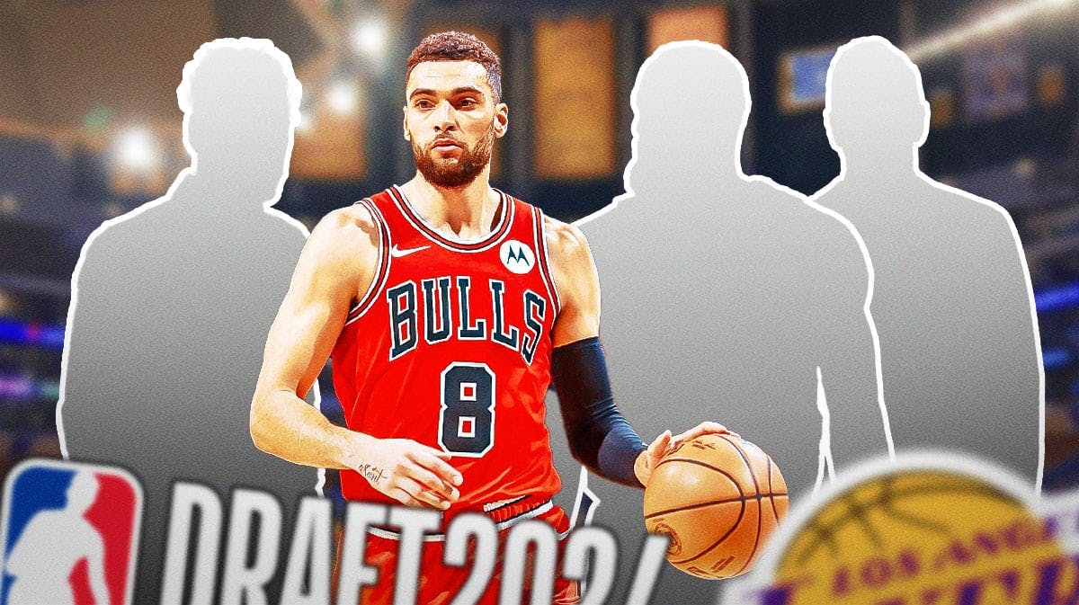 In the middle is Zach LaVine. On each side of him is a silhouette. Behind LaVine/the silhouette is LeBron James, Rob Pelinka, and JJ Redick. Lakers logo and 2024 NBA Draft logo in the front.