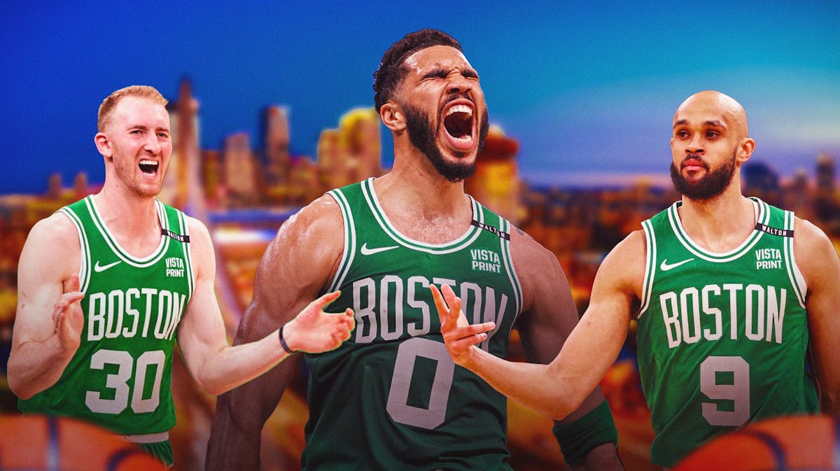 Jayson Tatum, Derrick White, and Sam Hauser looking hyped on a boston city background