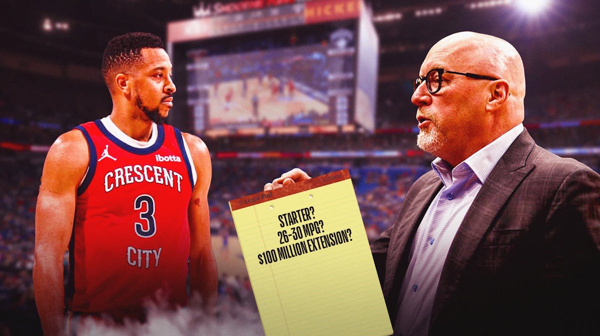 David Griffin and Willie Green showing CJ McCollum a legal pad that says: Starter? 26-30 MPG? $100 million extension?