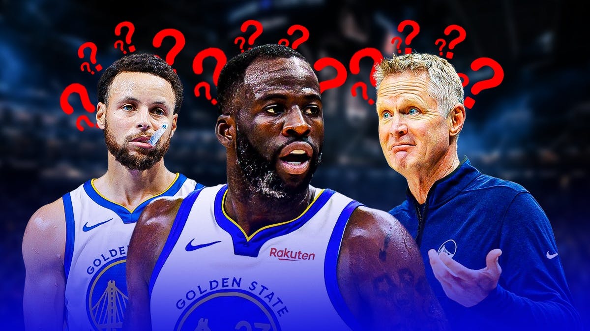 Stephen Curry, Draymond Green, Steve Kerr with several question marks above their heads