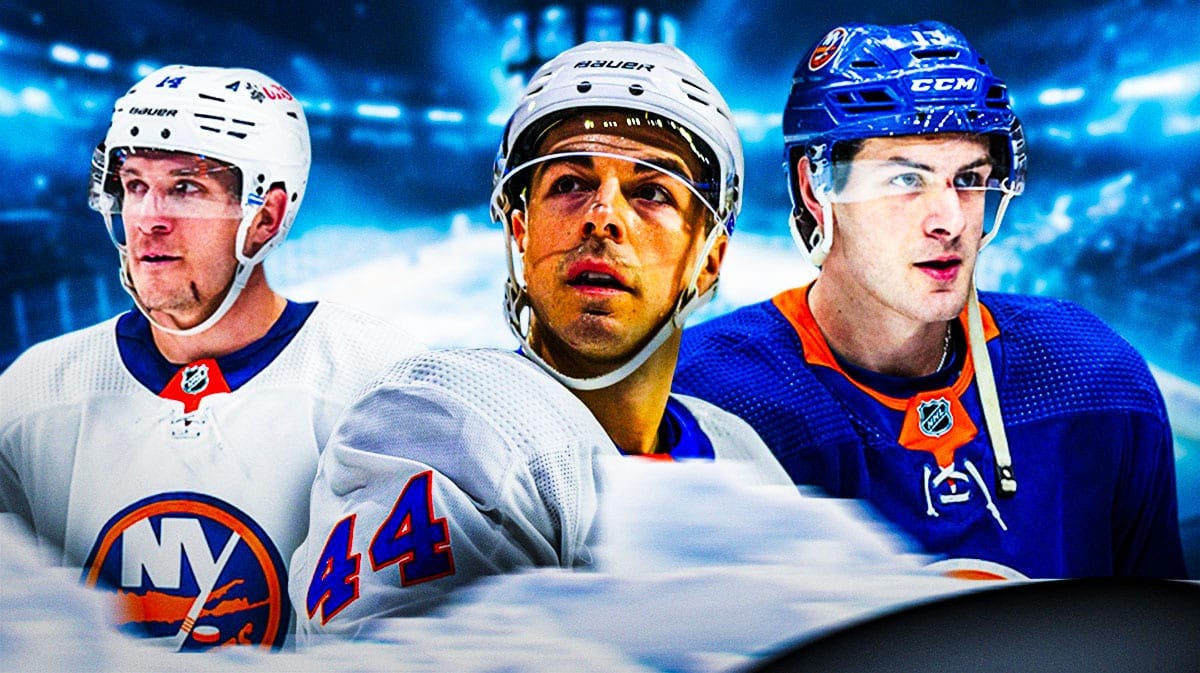 Jean-Gabriel Pageau in middle, Bo Horvat and Mat Barzal on either side, hockey rink in background, New York Islanders logo