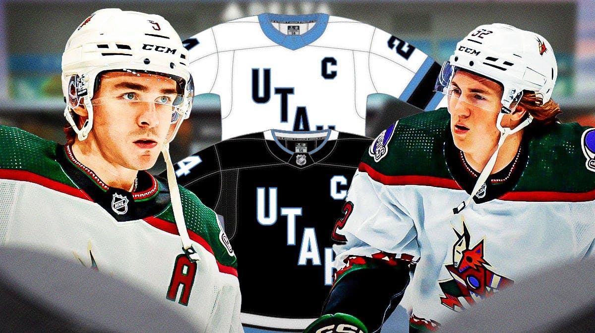 Delta Centre in background, Utah Hockey Club new jersey, Clayton Keller and Logan Cooley in image