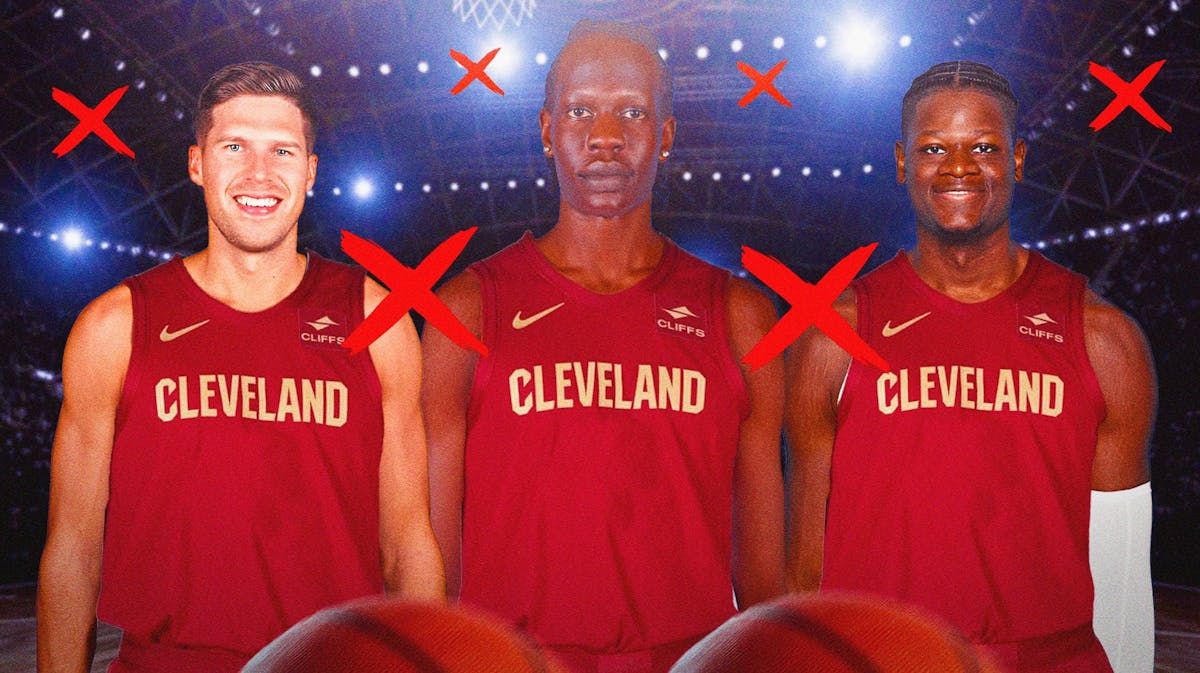 Doug McDermott, Bol Bol and Mo Bamba in Cavs uniforms surrounded by x's