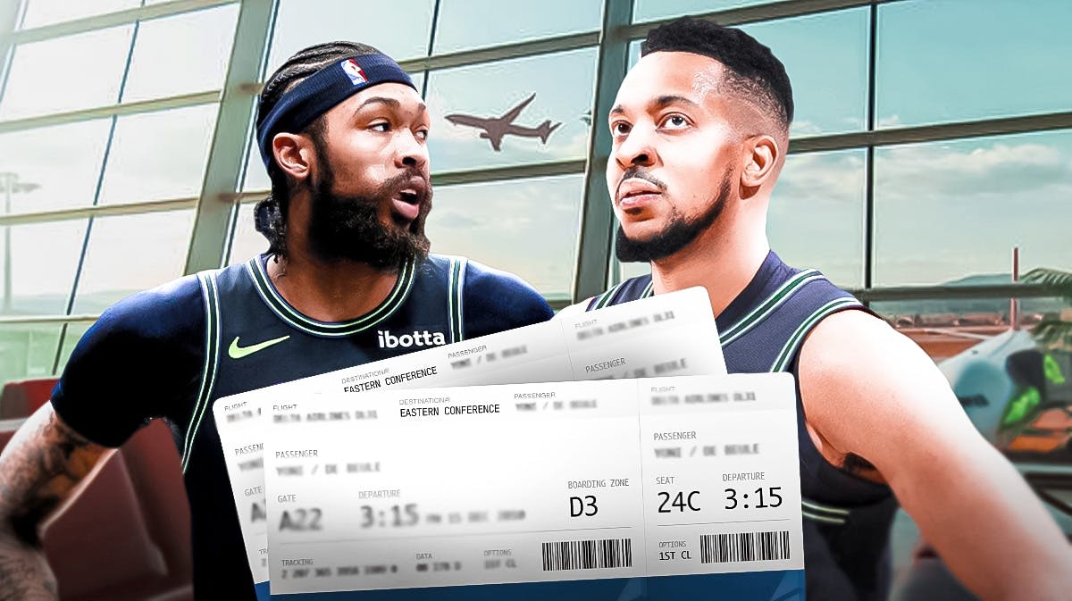 CJ McCollum, Brandon Ingram, and two plane tickets that say Destination: Eastern Conference