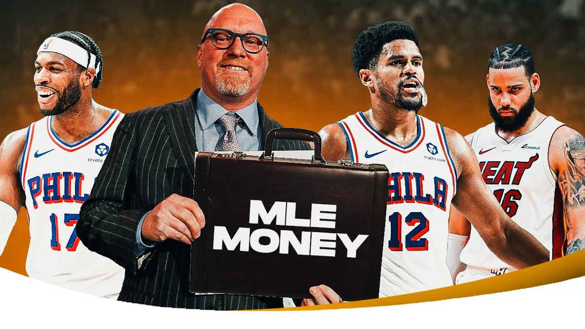 Pelicans David Griffin with a briefcase saying "MLE Money" and pictures of Buddy Hield, Tobias Harris, and Caleb Martin.