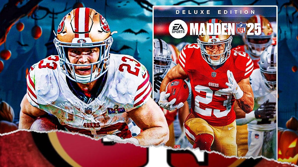 49ers' Christian McCaffrey next to the Madden 25 cover