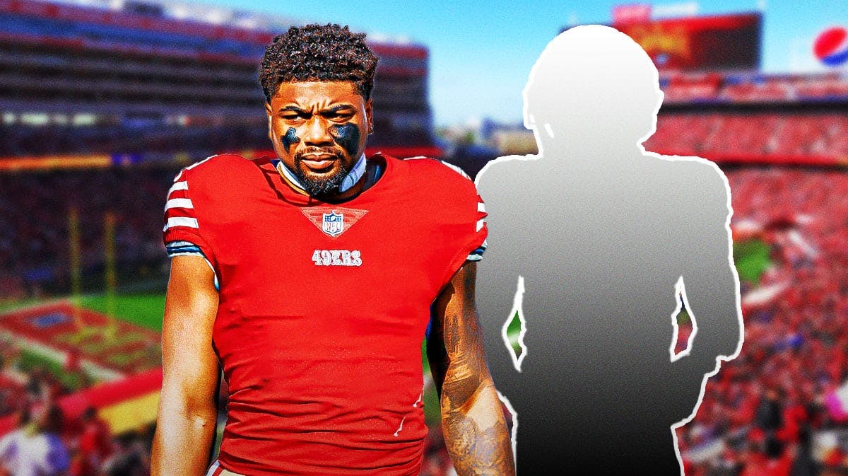 Treylon Burks in a 49ers jersey and a silhouette of Damarri Mathis with 49ers background.