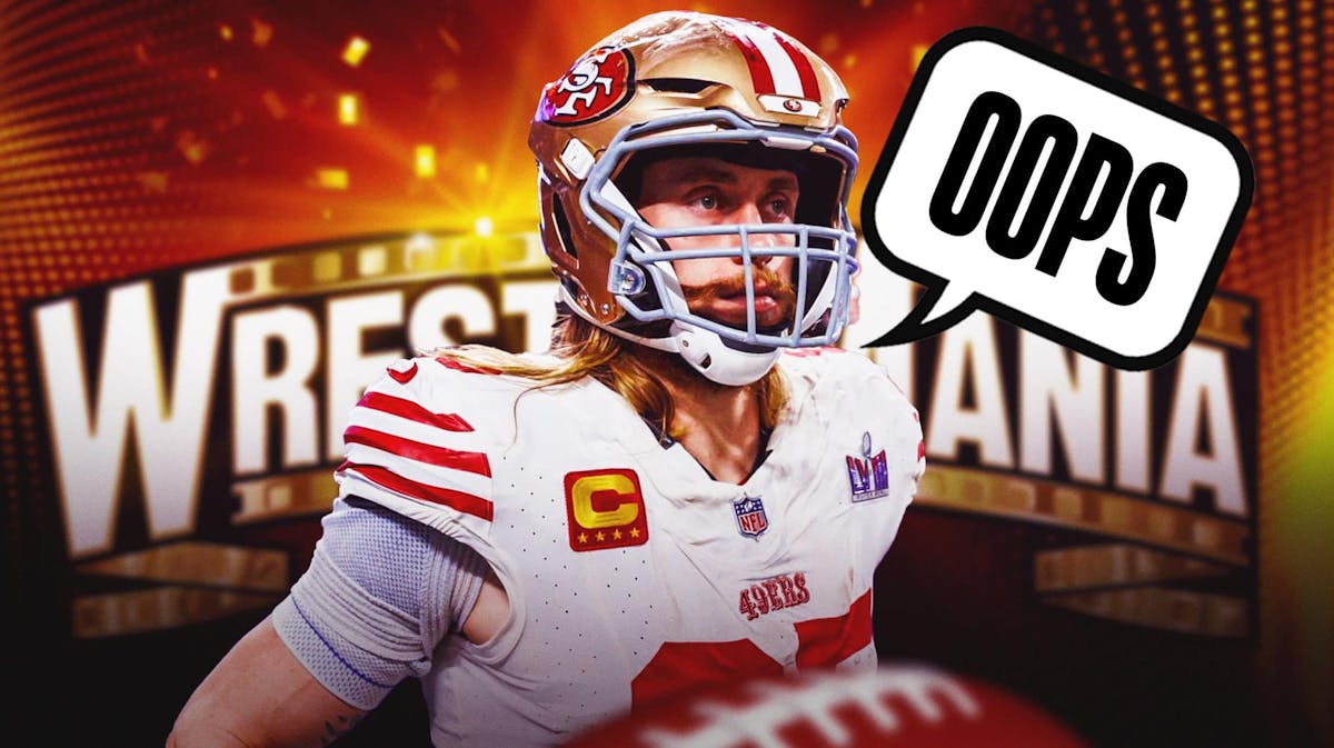 George Kittle with a text bubble reading "Oops" with the WrestleMania 39 logo as the background.