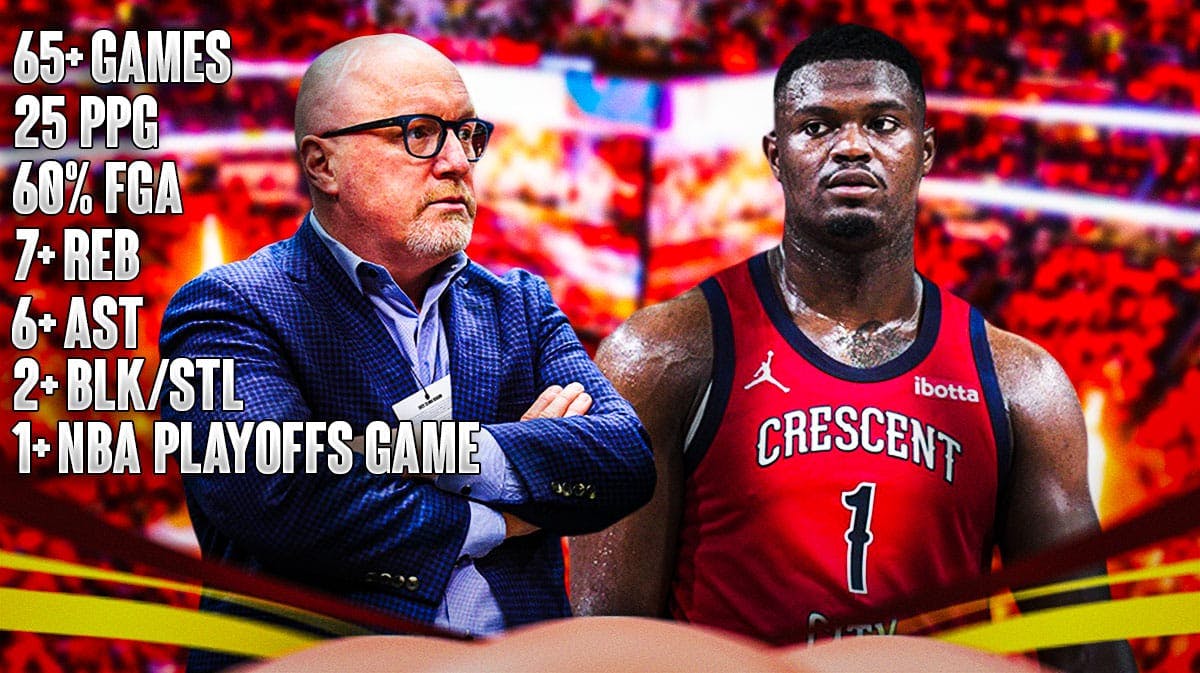 David Griffin, Zion Williamson, and a betting slip that says: 65+ Games 25 PPG 60% FGA 7+ REB 6+ AST 2+ BLK/STL 1+ NBA Playoffs Game. Zion Williamson 2024-25 season
