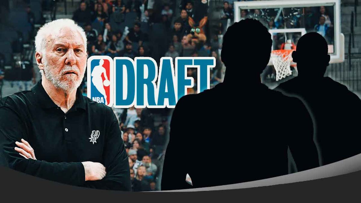 Spurs Gregg Popovich next to an NBA Draft logo and two silhouettes