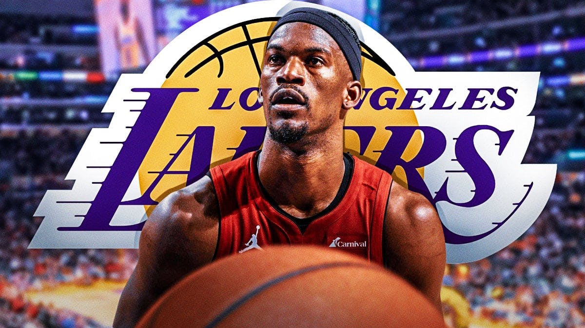 Miami Heat player Jimmy Butler and a Los Angeles Lakers logo