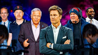 Tom Brady, Bill Belichick, Robert Kraft, Bill Burr, Randy Moss and Peyton Manning side by side