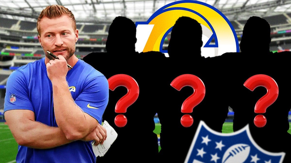 Los Angeles Rams head coach Sean McVay with three silhouettes of American football players with big question marks in the middle. There is also a logo for the Los Angeles Rams.
