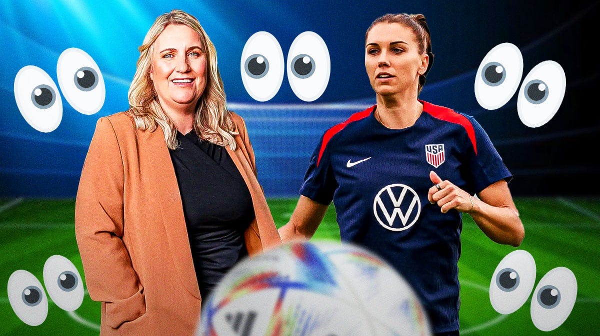 USWNT coach Emma Hayes, and USWNT player Alex Morgan, with the eyeball staring emoji