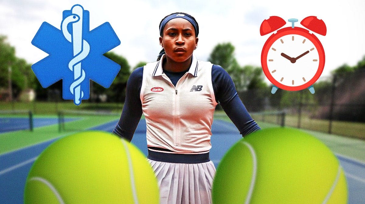 Tennis player Coco Gauff, with an upset/frustrated or neutral expression on her face, with medical emoji and clock emoji