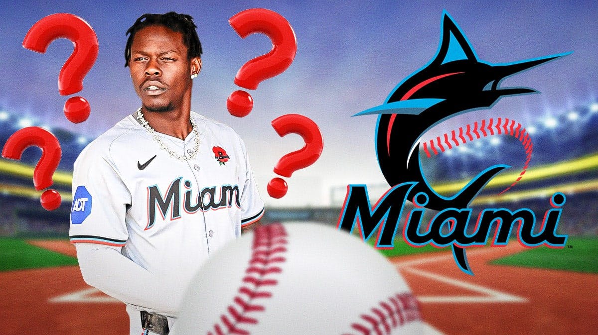 Jazz Chisholm in middle of image looking stern, 3-5 question marks, Miami Marlins logo, baseball field in background