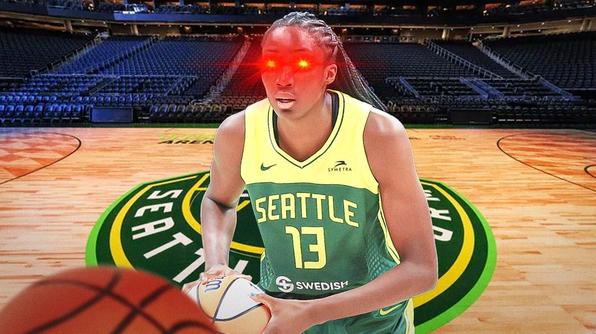 Seattle Storm player Ezi Magbegor, with red laser eyes to show that she’s dominating/unstoppable, while playing basketball