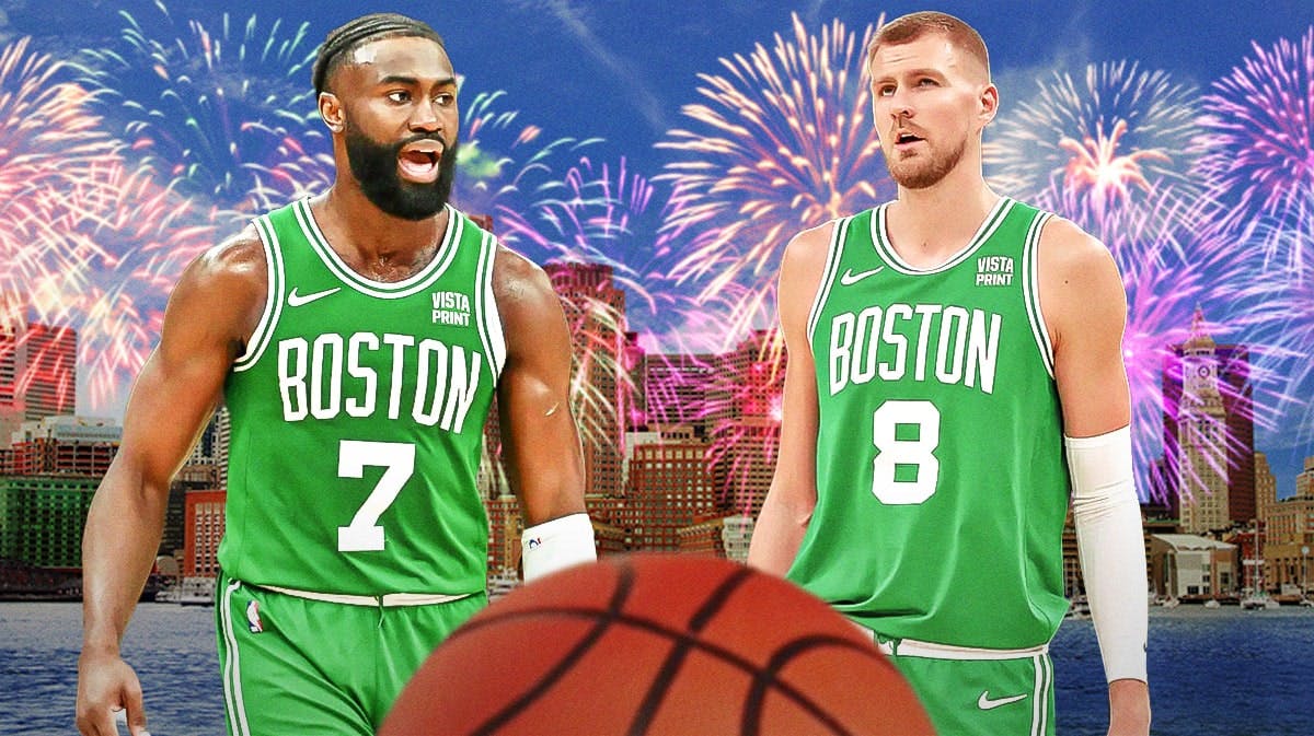 Jaylen Brown, Kristaps Porzingis in the middle, Fireworks around them, and Boston Celtics wallpaper in the background