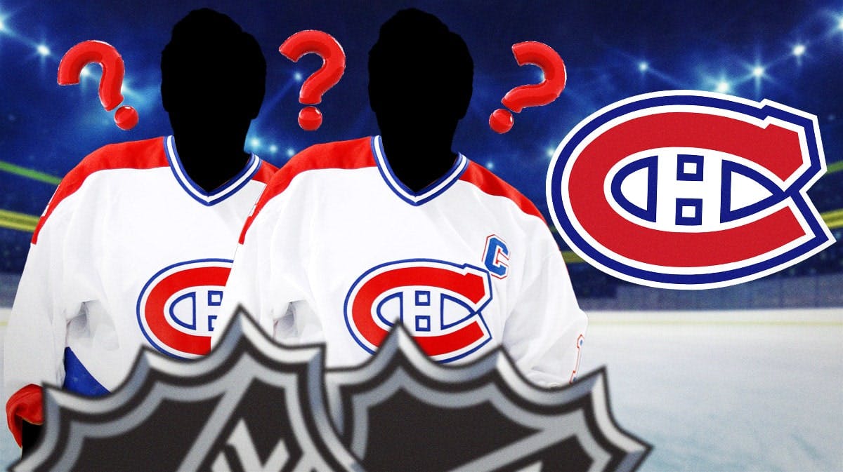 2 silhouetted Montreal Canadiens players, Montreal Canadiens logo, 3-5 question marks, hockey rink in background