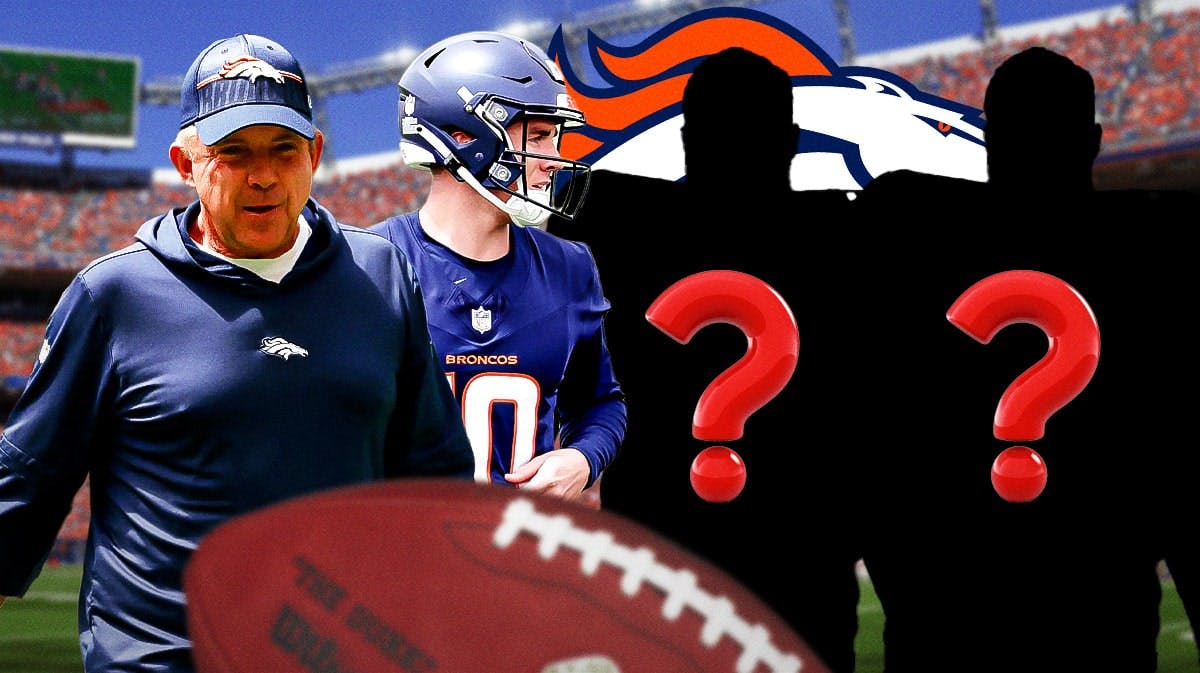 Denver Broncos head coach Sean Payton with QB Bo Nix and two silhouettes of American football players with question marks in the middle. There is also a logo for the Denver Broncos.