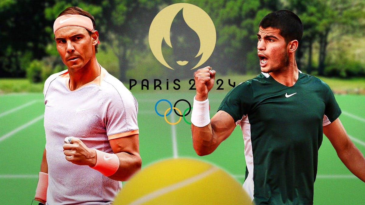Tennis star Rafael Nadal stands next to Carlos Alcaraz, Paris 2024 Olympics logo in background
