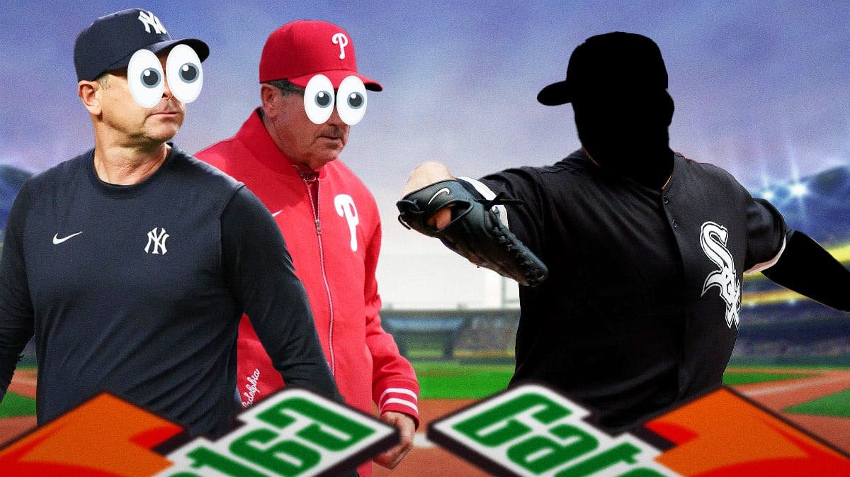 Yankees Aaron Boone and Phillies Rob Thompson with emoji eyes looking at a White Sox silhouette