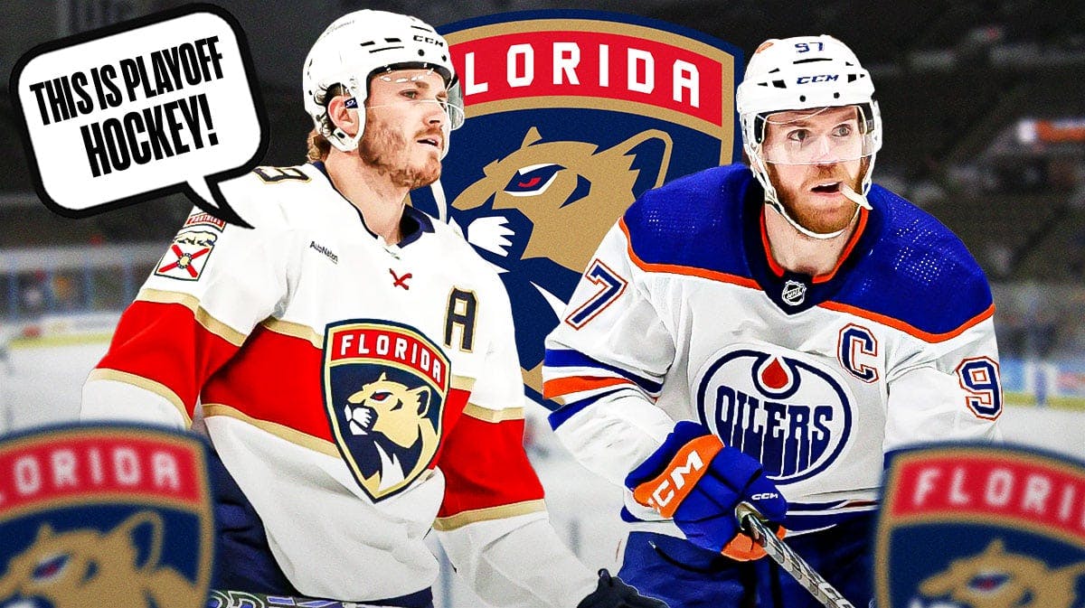 Florida Panthers forward Matthew Tkachuk with Edmonton Oilers center Connor McDavid. Tkachuk has a speech bubble that says “This is playoff hockey!” There is also a logo for the Florida Panthers.