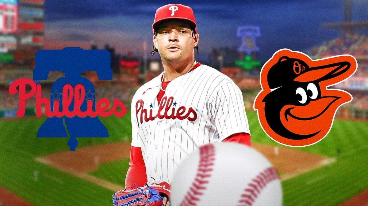 Philadelphia Phillies pitcher Taijuan Walker with a Phillies and Orioles logo