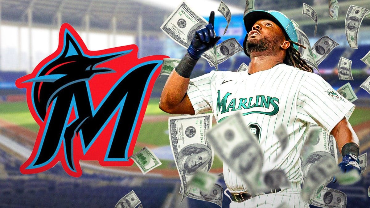 Miami Marlins' Josh Bell, with team logo and a lot of money around him.
