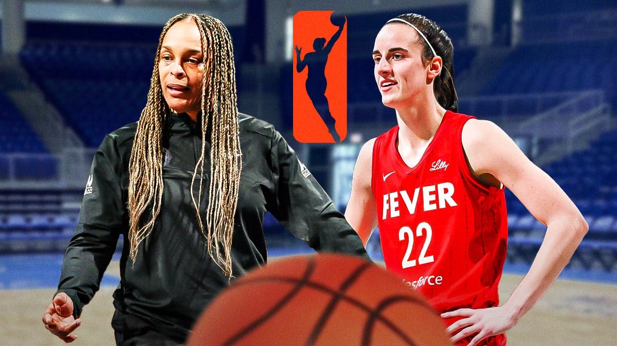 Sky's Teresa Weatherspoon stand next to Fever's Caitlin Clark, WNBA logo background