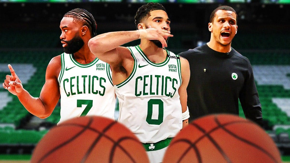 Celtics coach Joe Mazzula next to Jaylen Brown and Jayson Tatum.