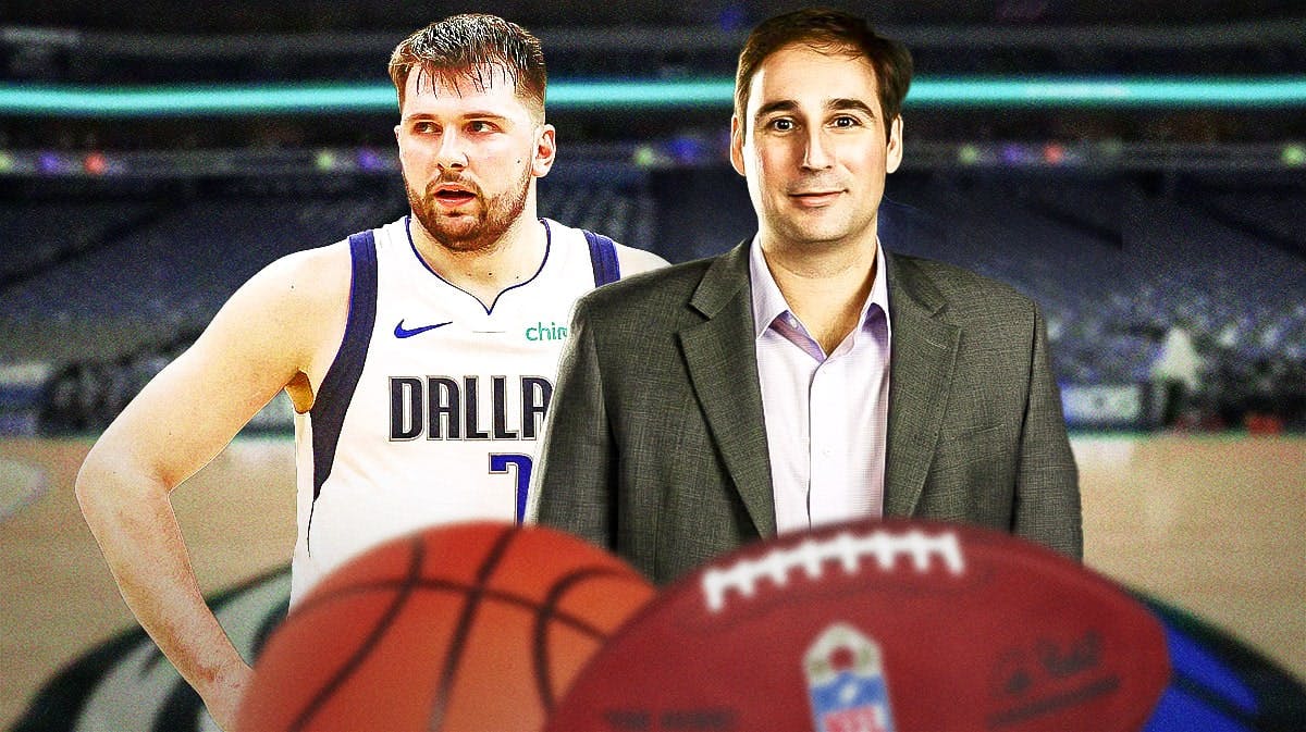Dallas Mavericks star Luka Doncic and Zach Lowe in front of American Airlines Center.