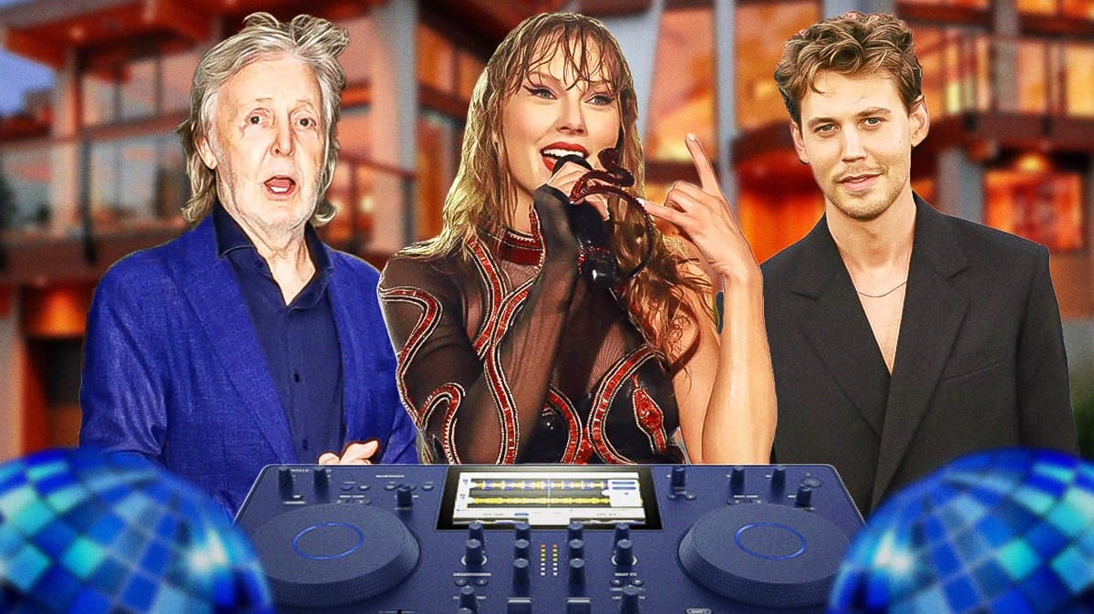 Paul McCartney, Taylor Swift, and Austin Butler with DJ station and mansion background,