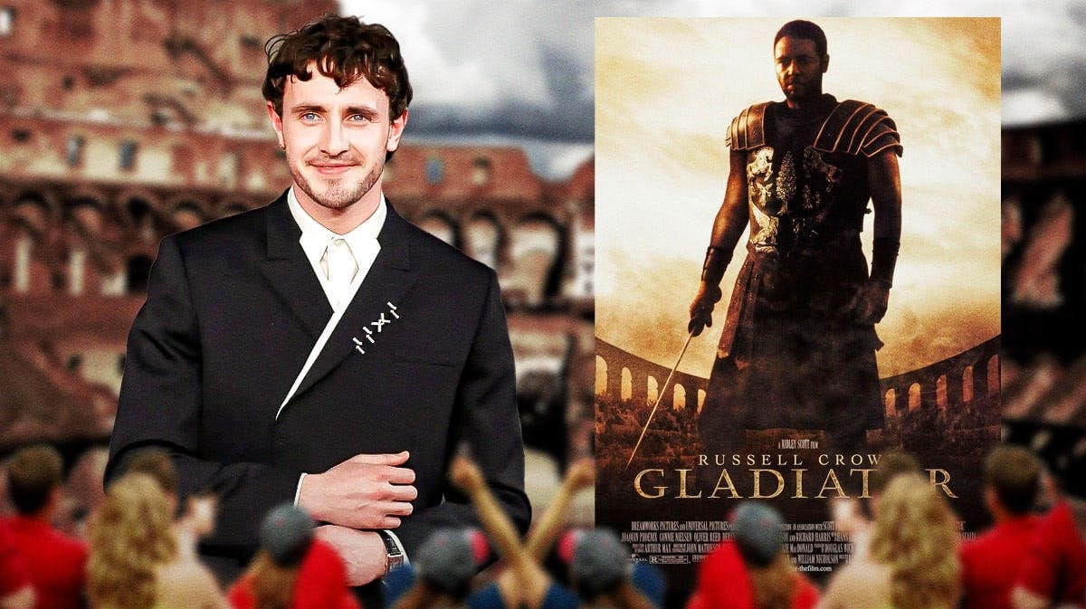 Gladiator 2 star Paul Mescal with Ridley Scott movie Gladiator poster and Colosseum background.