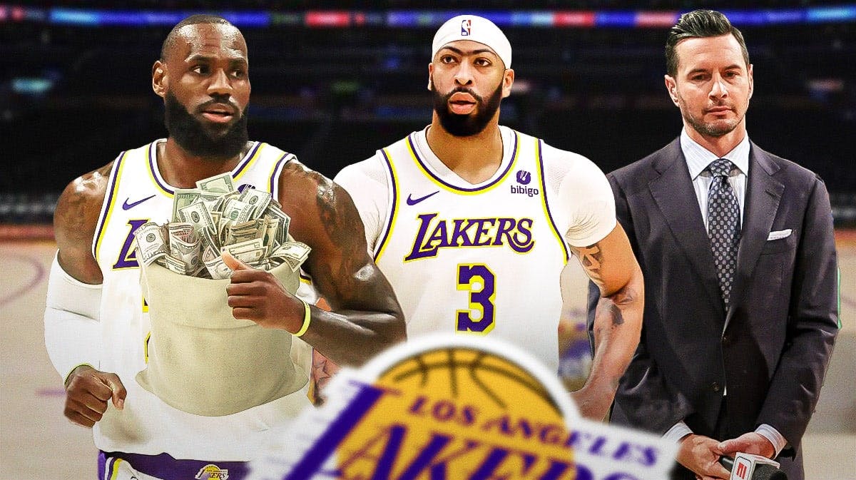LeBron James smiling next to Anthony Davis and JJ Redick with Lakers background. Have James holding a bag of money.