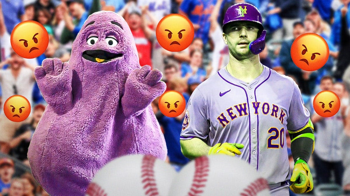Pete Alonso and Grimace (the McDonald's mascot) on one side, a bunch of New York Mets fans on the other side with angry emojis around them