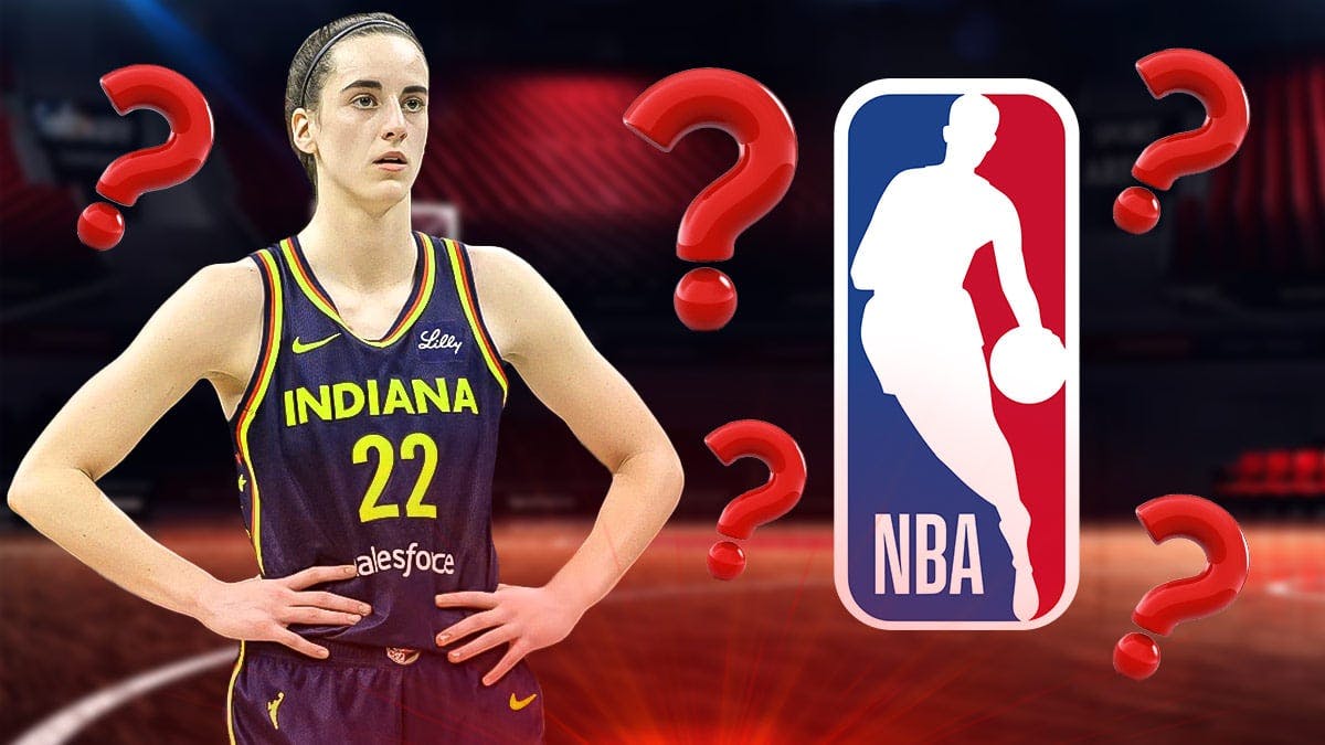 Caitlin Clark on one side, the NBA logo on the other side, a bunch of question marks in the background