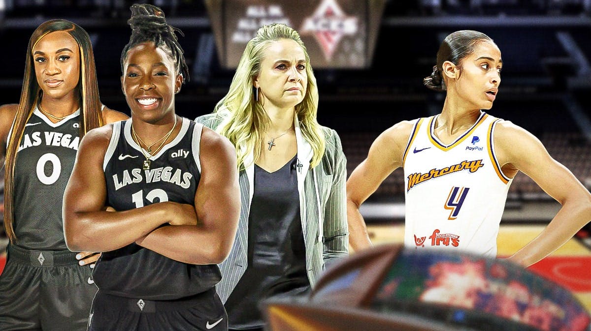 Aces Chelsea Gray, Becky Hammond, Jackie Young smiling next to Storm Skylar Diggins-Smith looking sad.
